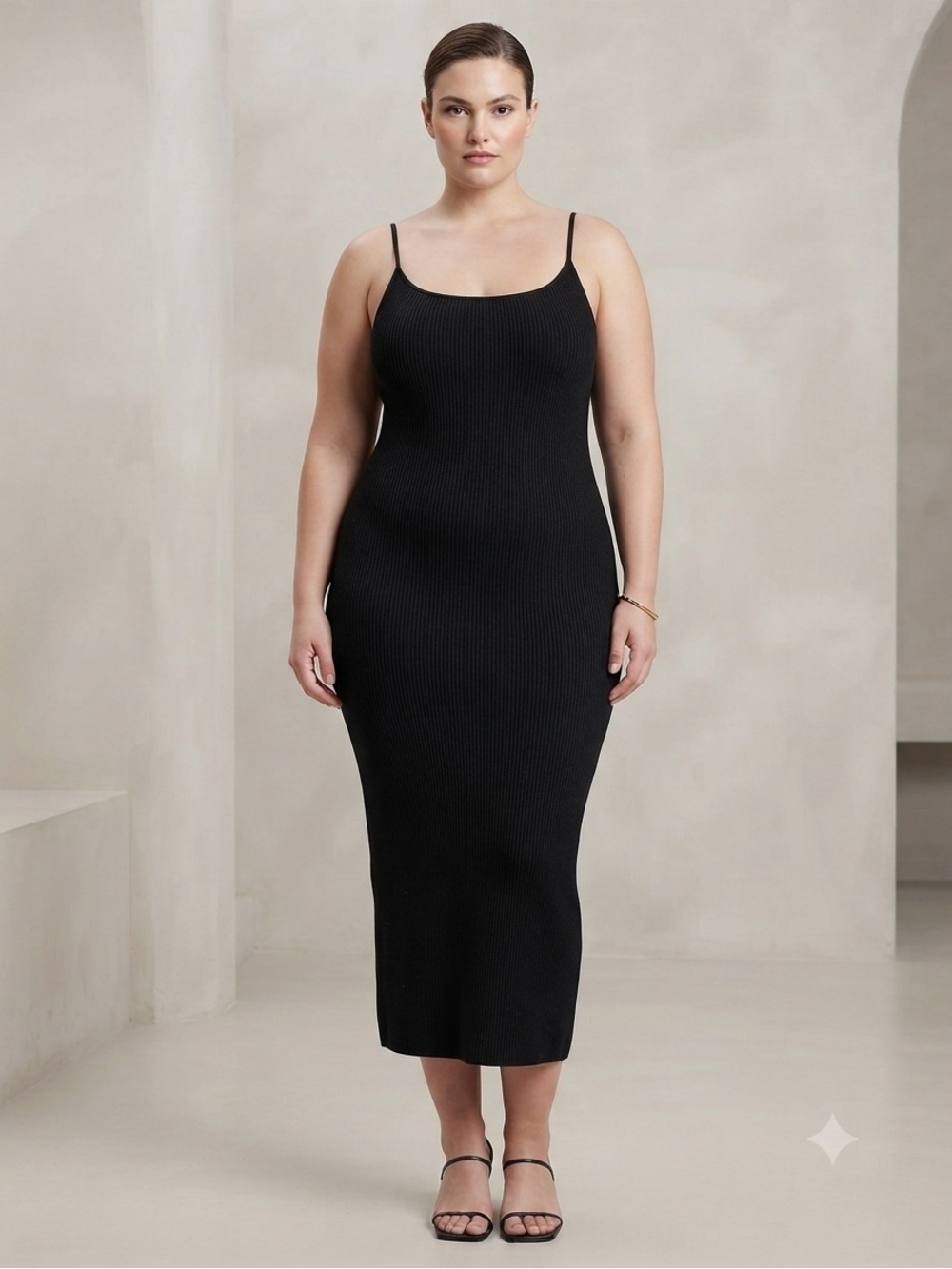 Black Ribbed Slip Midi Dress